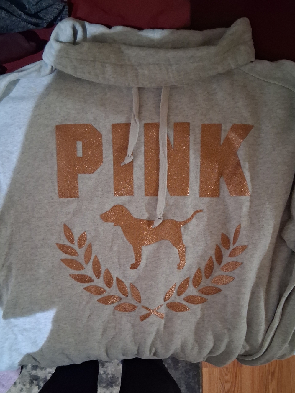 Victoria's Secret PINK Gray Pullover with Gold Glitter Logo & Dog Graphic